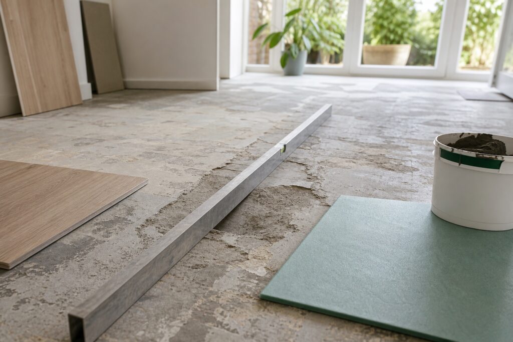 Oude ondergrond met rei, laminaatstaal, ondervloer en reparatiemateriaal