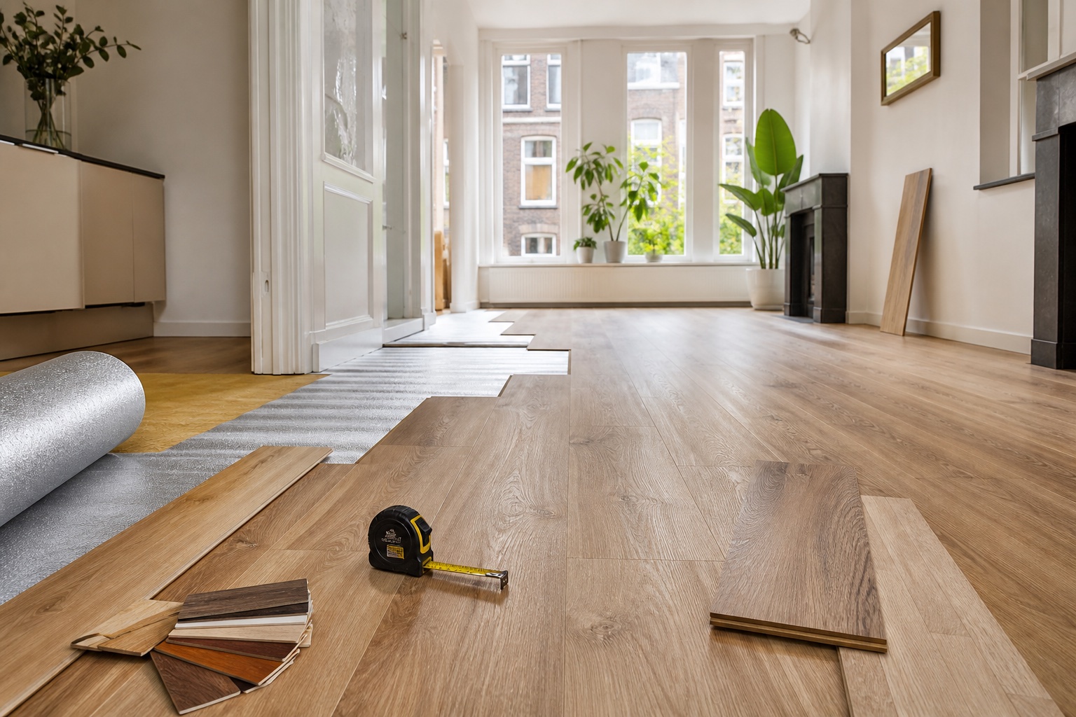 Laminaatvloer in renovatie met ondervloer, meetlint en vloerstalen
