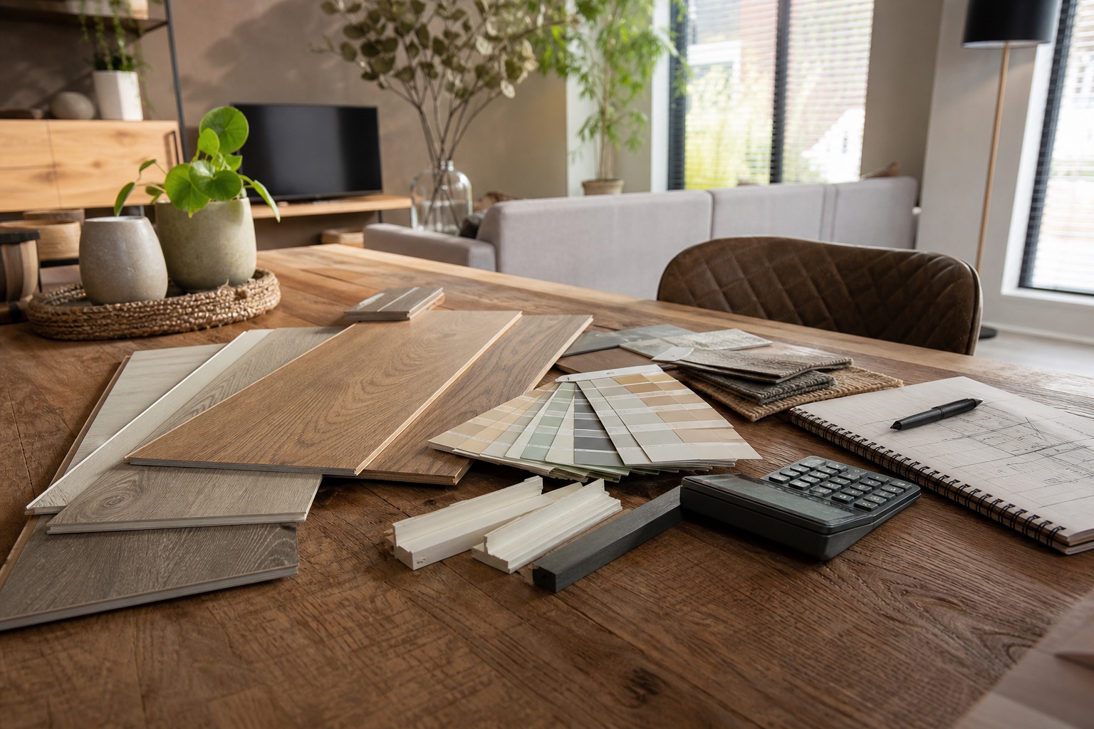 Vloerstalen, kleurstalen, plinten en planning voor een interieurrenovatie