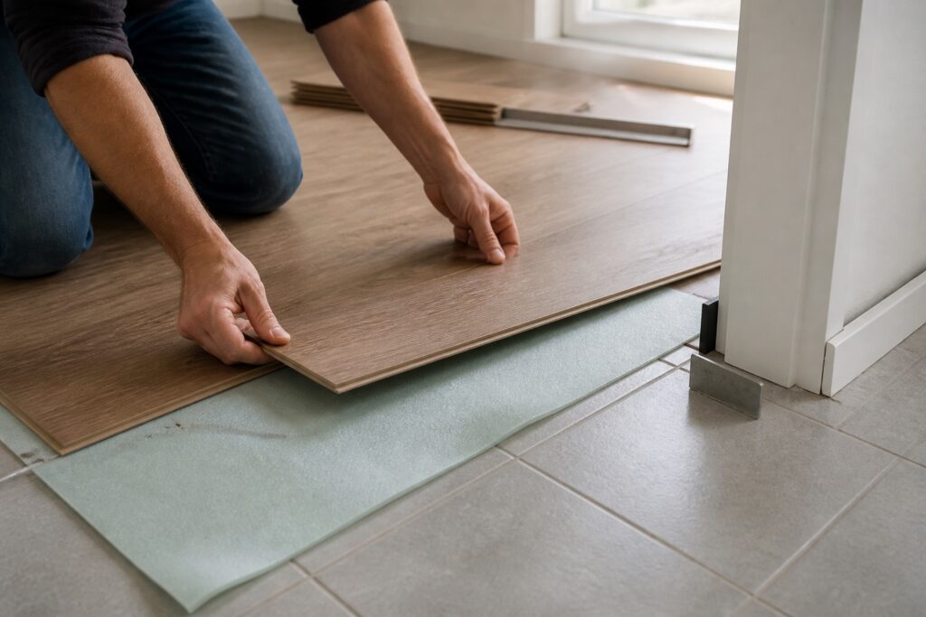 Laminaatplank boven tegelvloer met ondervloer en meetlat